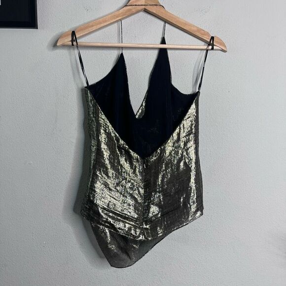 CUSHNIE Blouse Metallic Cowl Neck Open Back Halter Top Silk Lurex in Gold Size 2 - Picture 7 of 10